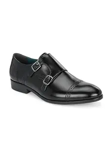 San Frissco Men's Formal Monks Shoes with Buckle Perforated Letherette Double Strap Lace-Up Business Shoes for Office/Comfortable Footwear with Non-Slip TPR Sole for Wedding and Parties - 7 (Black)