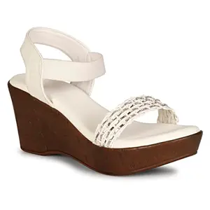 LUVFEET Women's Faux Leather Slip On Fashion Wedge Heel Sandals (White, 6)