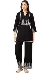 GANIX - FASHION THAT DEFINE YOU Women’s Embroidered Rayon Co-Ord Set | Ethnic Kurta & Palazzo Pant Set | 3/4 Sleeve Mandarin Collar Kurti Set | Daily Casual, Festive & Office Wear | Comfortable Breathable Fabric with Pocket