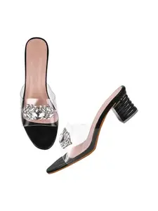 TRYME Embellished Front Studded Buckle Block Heels Comfortable Transparent Party Kitten Heel for Women & Girls