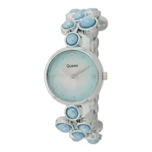 QUEEN QUARTZ Round Dial Quartz Movement Bracelet Clasp Watch, Women Wrist Watches (Blue)