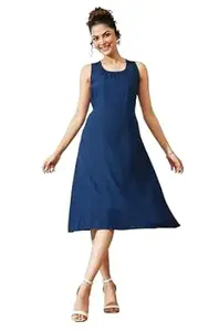 Janasya Women's Navy Blue Rayon Solid A-line Dress