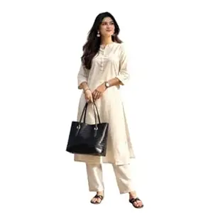 KF KRITVA FASHION Women's Long Pure Khadi Cotton Lace Work Street Cut,off white color, Full Sleeve, Casual Office Wear Stylish Readymade Kurti with Palazzo Pant Set