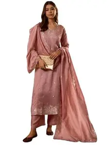 Naixa Women's Vichitra Silk Embroidered A-Line Kurta with Pant and Dupatta Sets (NX-845)