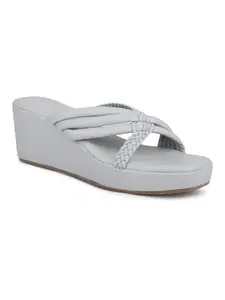 INC.5 Women Grey Textured Open Toe Wedge Heels