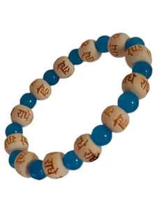 Hanu Collections's Shri Radhe Radhe Engraved Red Crystal Wooden Charm Bracelet (Blue)