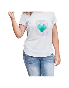 Blue Heart T-Shirt with Rainbow Honeycomb Pattern, White Poly-Cotton, Short Sleeve, Unisex (in, Alpha, L, Regular)
