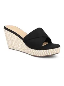 Inc.5 Women Black Open Toe Wedge Heels