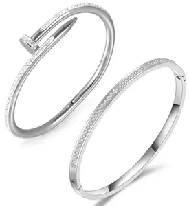 Shining Diva Fashion Latest Stylish 2 Pcs Combo Stainless Steel Bangle Gift Bracelet for Women and Girls (cmb332_16839_15834)(Silver)