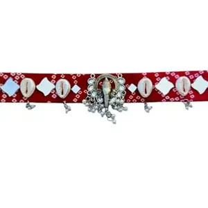 Handcrafted Shell Choker Necklace, Red Cotton Band with Cowrie Shells, Ganesh Pendant, Pearl Beads
