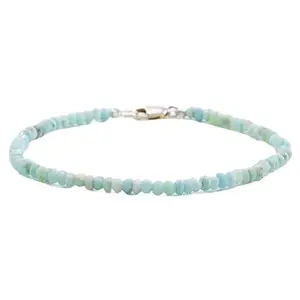 LKBEADS Silver Plated Bracelet with Blue Smooth Larimar Beads – Rondelle 3-3.5mm – 7 inch Adjustable – For Men & Women|LK_STACK_04437