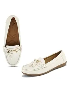 XE Looks Women's White Loafers | Premium Leather Texture with Elegant Tassel Design | Cushioned Comfort Loafers For Girls & Women