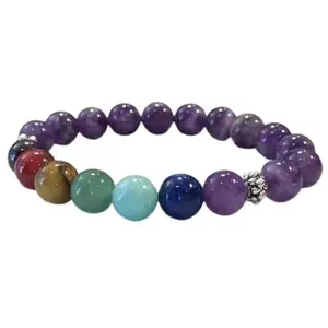 RRJEWELZ Natural 7 Chakra Stone & Amethyst 8mm Round Shape Smooth Cut Beads 7.5 Inch Stretchable Bracelet For Men & Women. Unisex Bracelet For Healing, Meditation, Prosperity, Gift & Luck|STBR_RR_09854_7.5