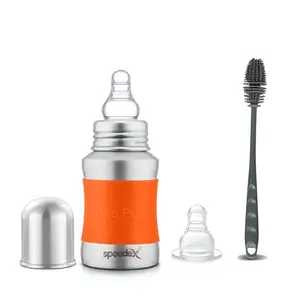 Speedex Stainless Steel Baby Feeding Bottle and Cleaning Brush Combo with Internal ML Marking (140 ML with Brush,1 Nipple Free, Orange Colour)