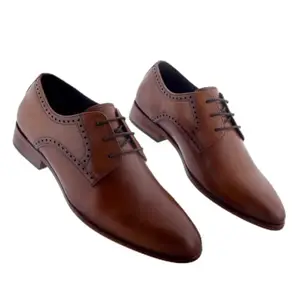 Cobbble Men's Classic Oxford Formal Shoes, Tan, Genuine Leather, Lace-Up, Premium Comfort, Brogue-Inspired Design, Professional Wear