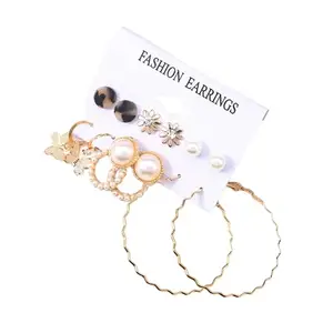 Yu Fashions Butterfly Golden Hoop Cute Pearl Acrylic Korean Earrings Pair of 6