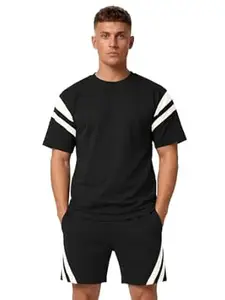 CHKOKKO Men’s Co-Ord Set Premium Cotton Blend Oversized T-Shirt & Shorts Cord Set with Side Pockets Round Neck Half Sleeves Solid with Contrasting Stripes Summer or Casual Wear