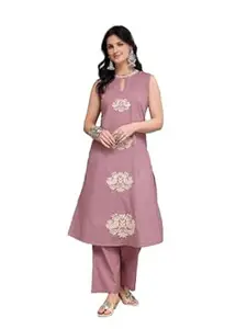 Stylum Women's Mauve Solid & Embroidered Cotton A-line Kurta Pant Set