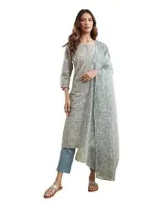 Fabindia Avni Grey Cotton Pant, Dupatta & Kurta Set