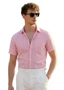 Afflatus Men’s Striped Half Sleeve Cotton Shirt | Slim Fit Casual Summer Shirt for Men | Lightweight Breathable Button-Down Shirt for Office and Travel