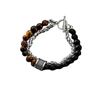 Salty Alpha Tiger'S Eye Beaded Bracelet for Men & Boys | Stainless Steel | Wrist Band | Fancy & Stylish | Birthday Gift | Aesthetic Jewellery | Accessories for Everyday Wear