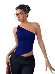 KATECLO Women’s One Shoulder Asymmetrical Top – Sleeveless Slim Fit Ruched Black Blouse for Casual, Office & Night Out