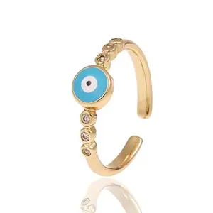 VIEN Evil Eye Ring With Rhinestone Turkish Blue Finger Ring Double Layer Stainless Steel Cubic Zirconia Gold Plated Ring