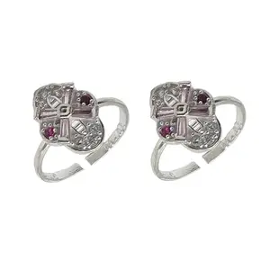 Sahiba Gems Pure Silver/Chandi Rich Look Antique Toe Rings/Chutki with Pink Stone Cz For Women Free Size ~ Pack in 2 Pieces