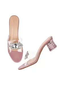 TRYME Glittery & Shimmery Stone Studded Block Heels Comfortable Transparent Party Kitten Heel for Womens & Girls
