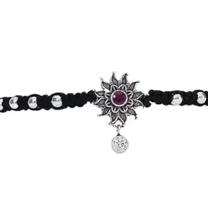 Swastij Vintage Sun Flower Sterling Silver Bracelet, Black Braided Band with Silver Beads, Purple Crystal