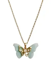 Elegant Butterfly Pendant Necklace with Crystal Accents, Gold Chain, Mint Green Wings
