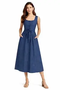 Vaanyah Women's Denim Midi Dress, Sleeveless Button-Front A-Line with Belt, Blue, Casual Summer Style