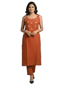 Leriya Fashion Kurta Set for Women | Ethnic Sleeveless Kurti Sets for Woman | Round Neck Embroidery Kurta Sets for Woman Daily Outfits | Cotton Ethnic Traditional Straight Kurti Set for Office