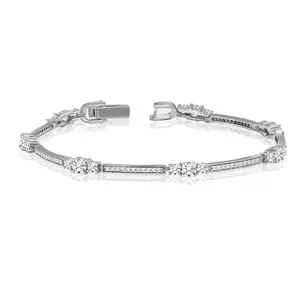 LeCalla 925 Sterling Silver BIS Hallmarked Rhodium Plated Jewelry CZ Station Bracelet Cubic Zirconia Classic Tennis Bracelet with Foldover Clasp 7.5 Inches