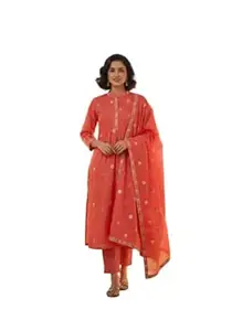VIINII Women's Embroidered Kurta Set with Dupatta, Floral Embroidery, Cotton Blend, 3-Piece Suit