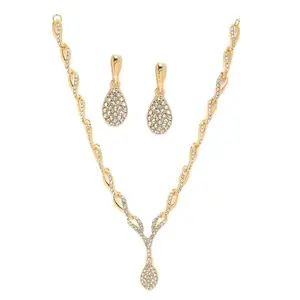 ZENEME Oxidised Silver-Plated Cubic Zirconia Studded Teardrop Shaped Necklace With Earrings Jewellery Set For Girls and Women (Gold)
