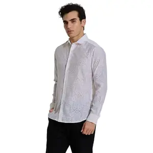 SNITCH Off White Viscose Nylon Casual Self-Design Shirts