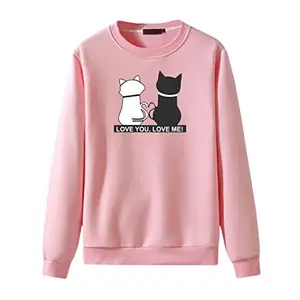 KRYASHIYA Fleece Material Regular Fit Full Sleeves Sweatshirt Crew Neck Printed 2cat Winter Wear Casual Sweatshirt for Women (XL, Pink)