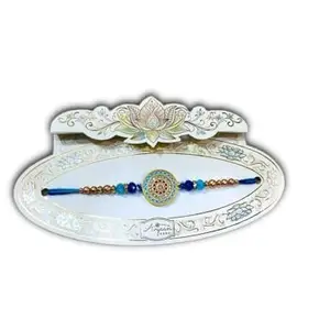 Decorative Rakhi Set with Blue and Gold Beads, Traditional Design, Pack of 2