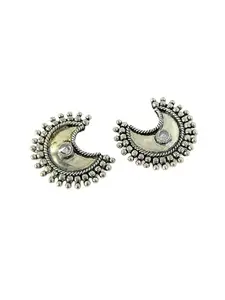 Oxidised Moon Stud Earrings with Stone (Red)