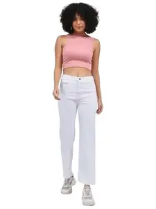 for Women Denim Lycra Blend Material Signle Button High Rise Skinny Fit Denim Jeans White Size 28