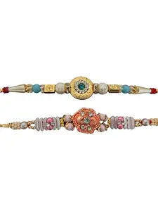 ManWaran Meenakari Handcrafted Rakhi Set, Blue Pearl and Pink Designs | Meenakari rakhi Combo of 2 l rakhi combo for brother and kids | Rolli Kumkum with Greeting Card