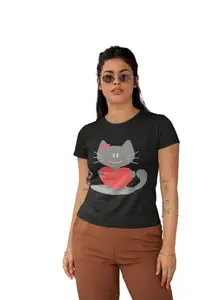 Mitrends Heart Gifting Cat Printed T-Shirts Black
