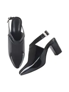 Shoetopia Women's Black Patent Leather Block Heel Sandal with Ankle Strap and Pointed Toe – Elegant Formal Dress Sandal EU38