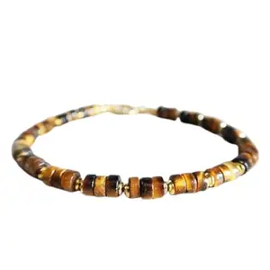 LKBEADS Gold Plated Bracelet with Brown Smooth Tigers Eye Beads – Tyre 3-3.5mm – 7 inch Adjustable – For Men & Women|LK_STACK_06440