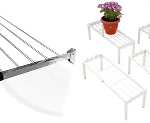 CONCEPT & SOLUTIONS 5 Pipes x 5 Feet -Foldable Wall Mounted Cloth Dryer/Clothes Stand (6 Pipes, 5 feet) and Metal Plant/Pot Stand for Garden | Planter Stand for Indoor & Outdoor (Black - Pack of 4) Combo Pack|CS-577