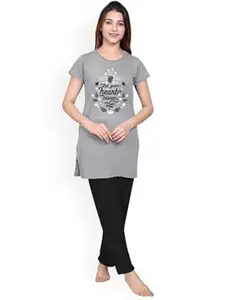 NXTWIN Women’s Printed Cotton Nightwear Set | Short Sleeve Long Top with Pajama | Comfortable Cotton Lounge Wear for Women