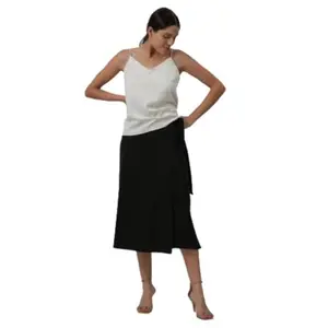 Saltpetre Women Organic Cotton Solid Cream Top & Black Wrap Skirt Co-Ords Set (Black & Cream, XXL)