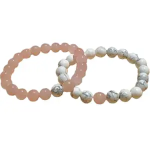 RRJEWELZ howlite & rose quartz 8mm Round Smooth beads Long Distance Couples Love Friendship Combo Bracelet Set - Couples Relationship 7 inch Stretchable Bracelets set|RR_CPBR_153_7