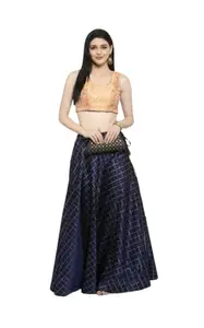 Womens Skirt Taffeta Long Ethnic Checked Skirt Navy Blue Free Size